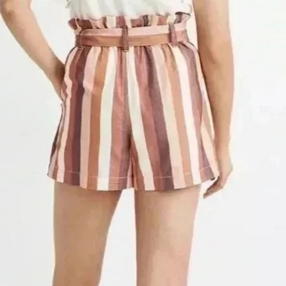 Madewell Blush tan Ivory viscose cotton linen striped paper bag waist shorts 4 - Picture 2 of 8